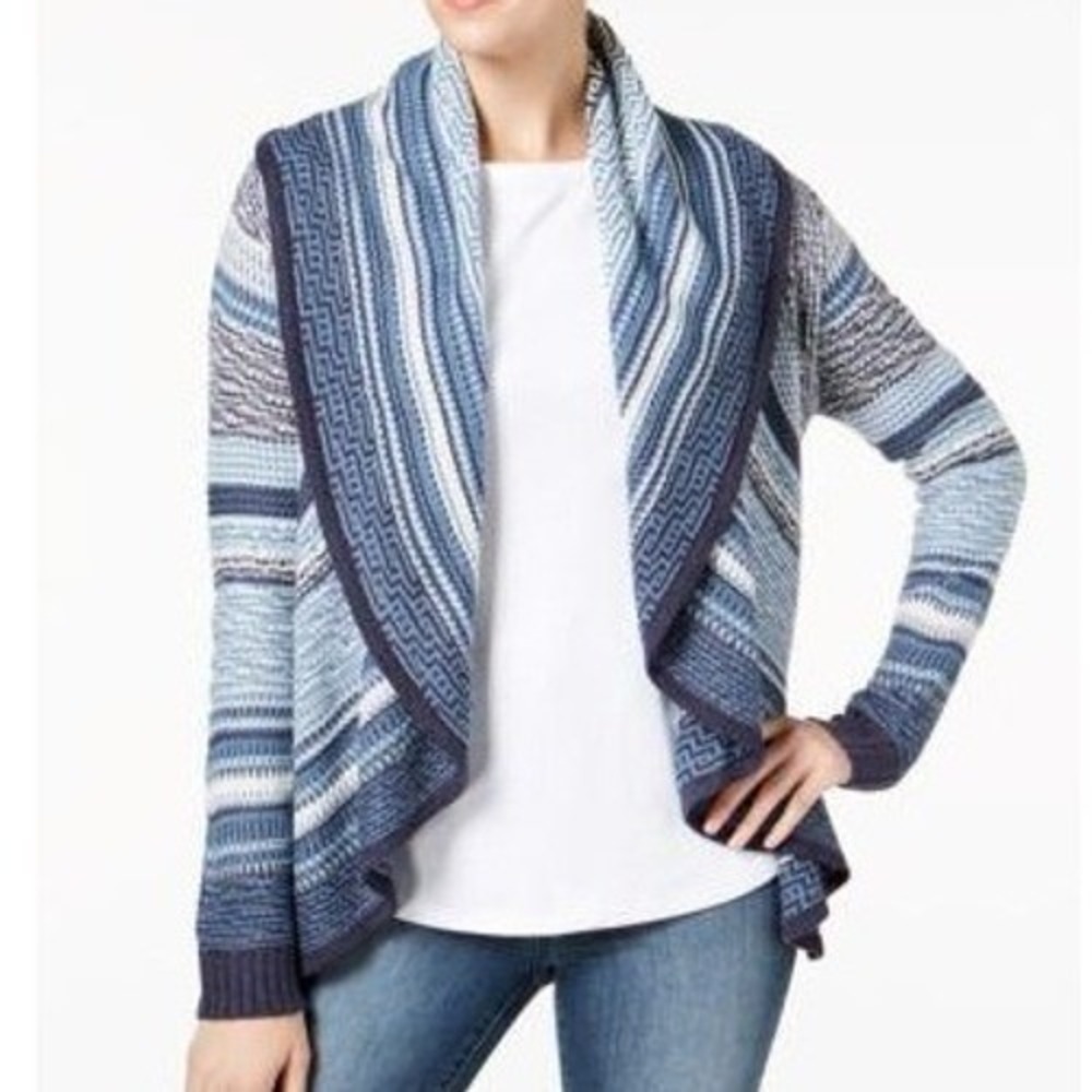 Charter Club Small $88 Blue White Greek Geometric Shawl Collar Cardigan Sweater